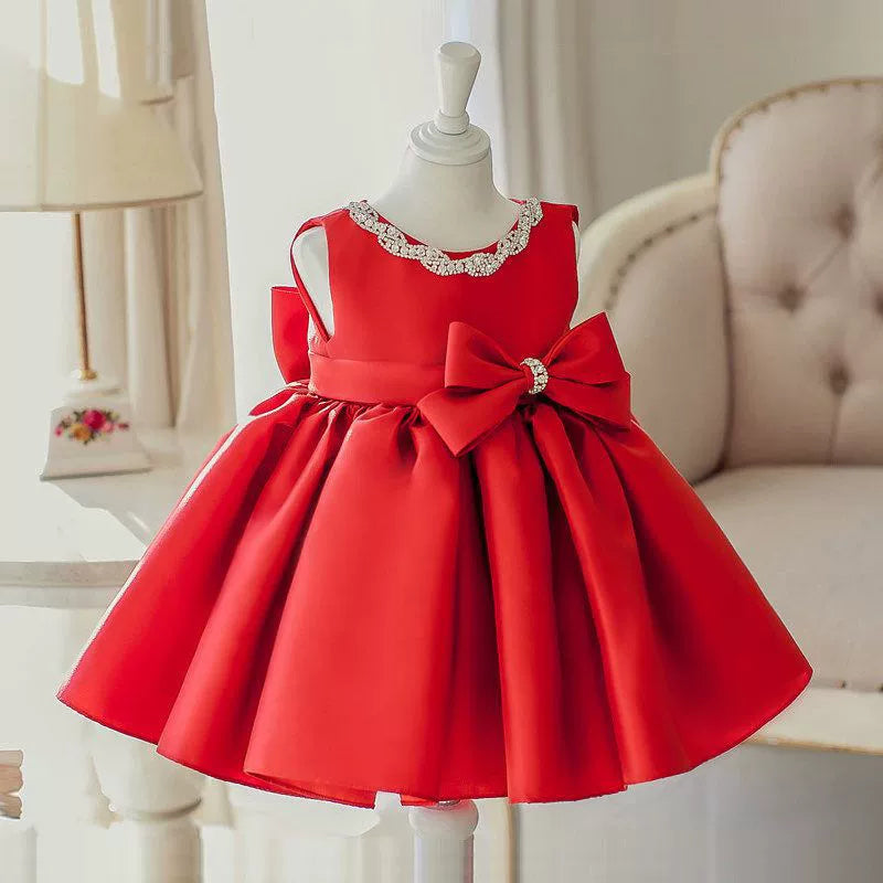 Vestido Infantil Vermelho Lacinho e Pedras