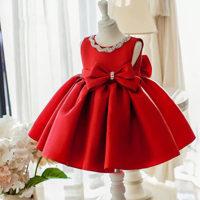 Vestido Infantil Vermelho Lacinho e Pedras