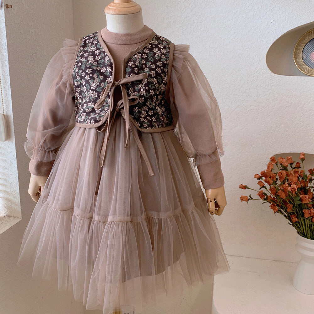 Vestido Infantil Tule + Colete Florzinhas