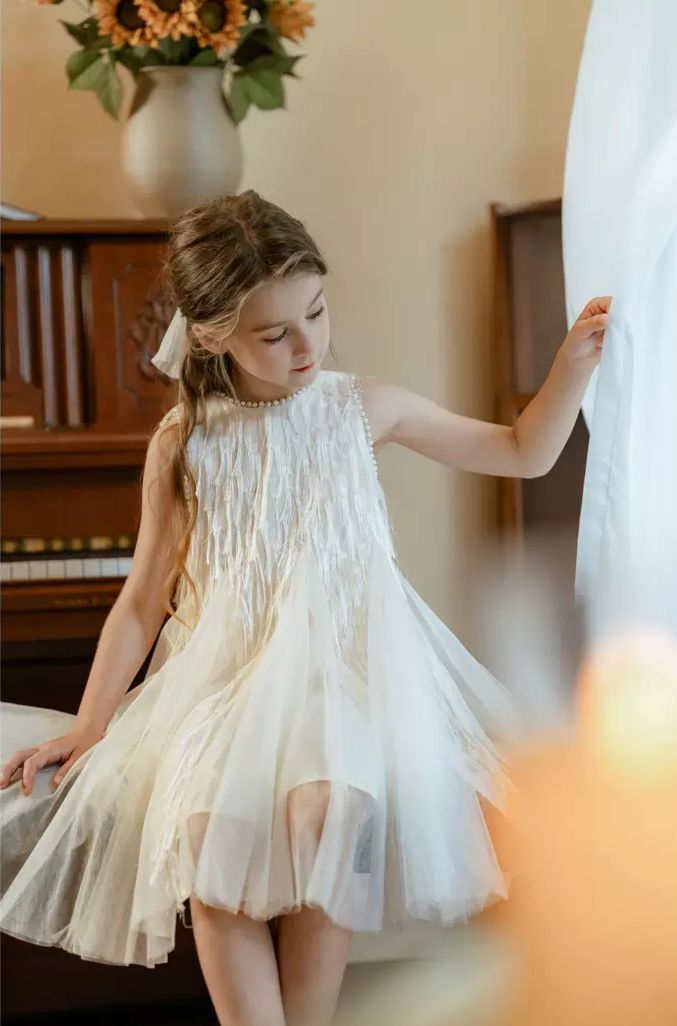 Vestido De Festa Infantil Franjas e Pérolas