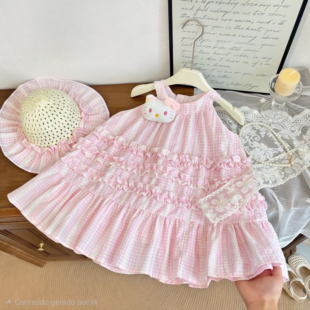 Vestido Infantil Rosa Gatinha com Chapéu