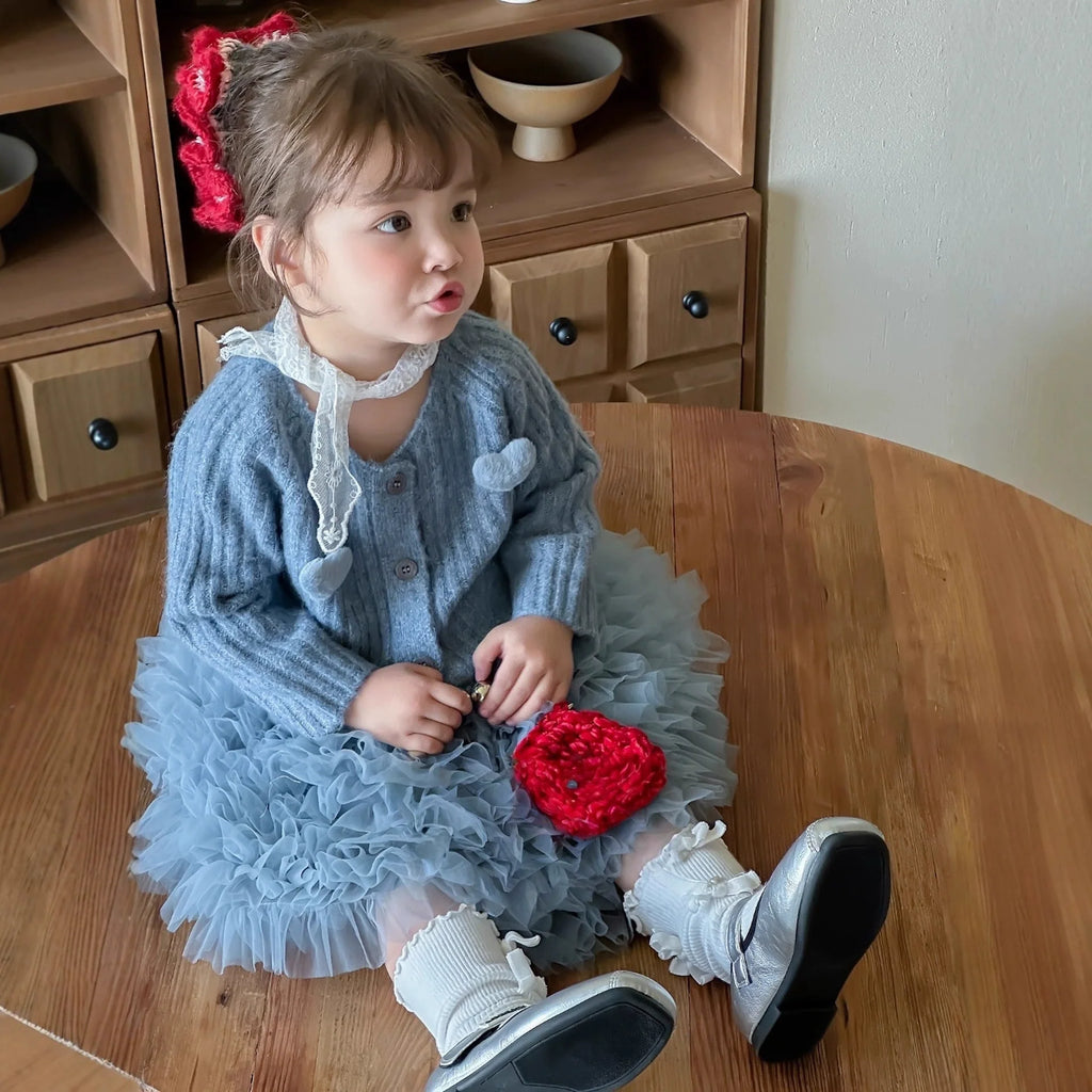 Conjunto Infantil Cardigan Corações + Saia Tule