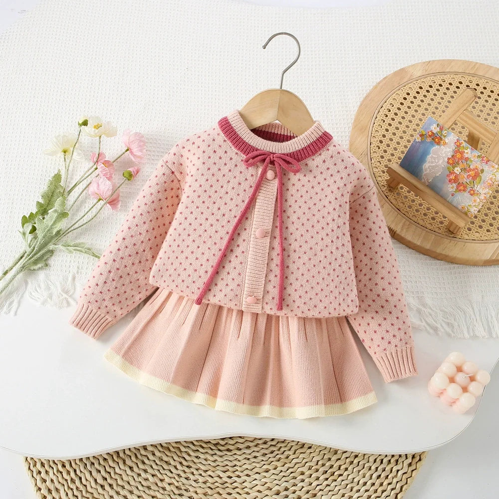 Conjunto Infantil Feminino Tricô Poá Lacinho