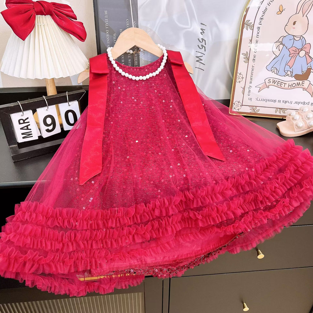 Vestido Infantil De Tule Brilhante Lacinho