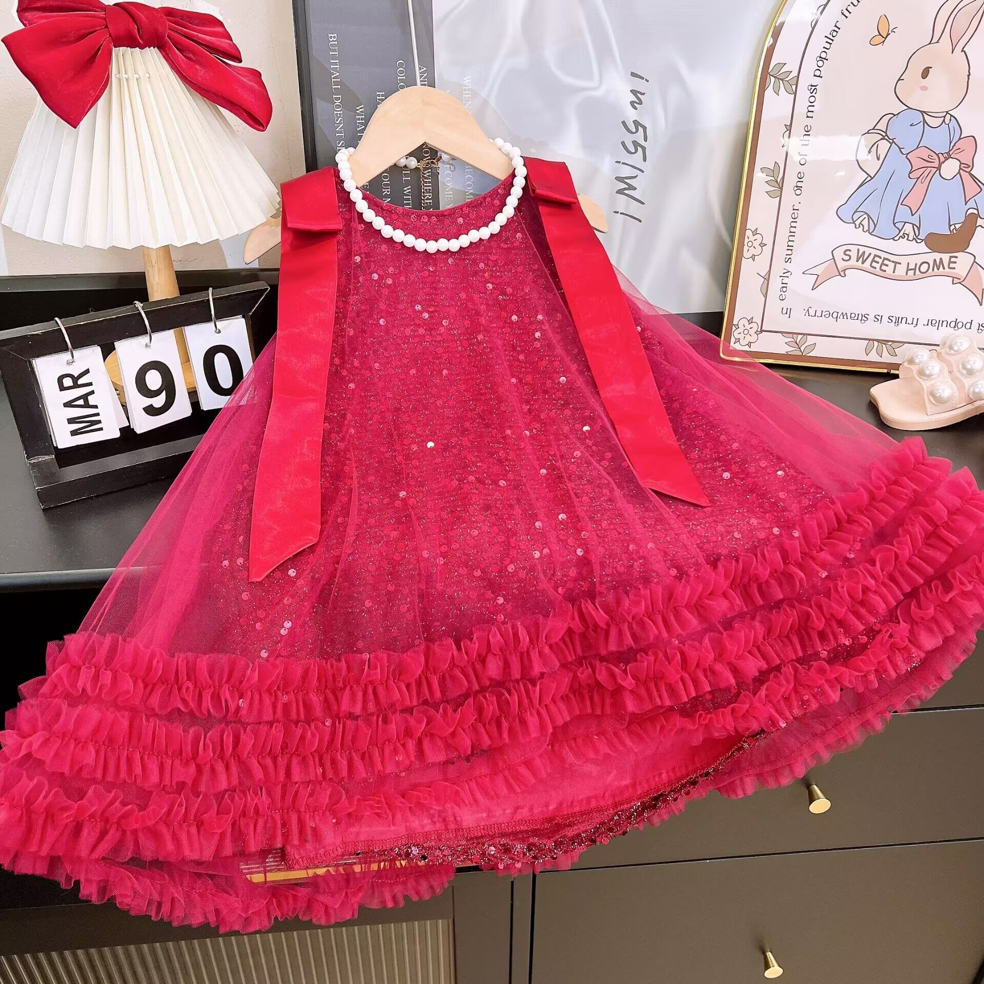 Vestido Infantil De Tule Brilhante Lacinho
