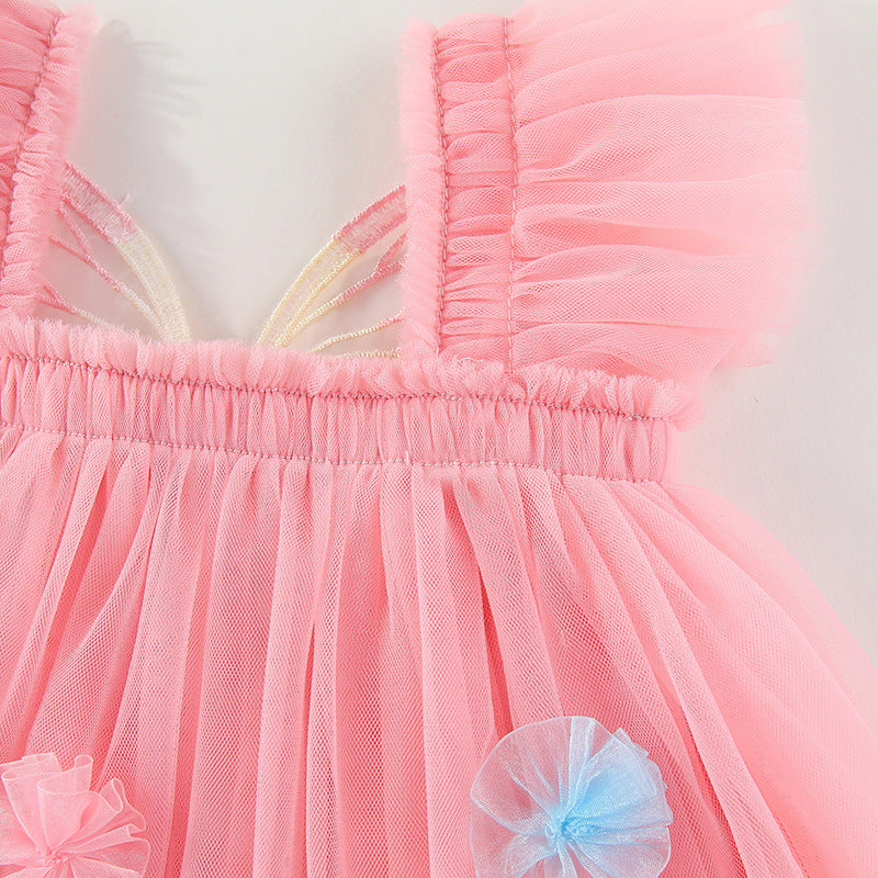 Vestido Infantil de Tule com Asas e Flores