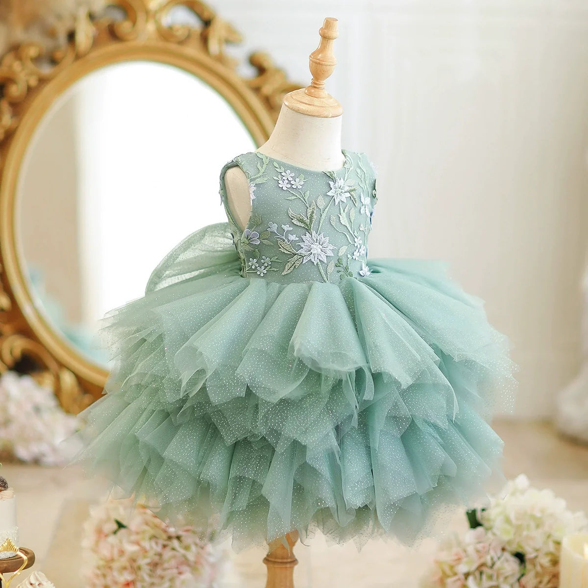 Vestido Infantil Verde Flores e Tule