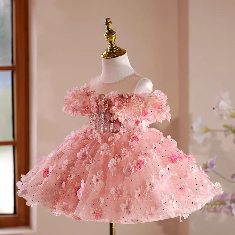 Vestido Infantil de Festa Rosa Florzinhas