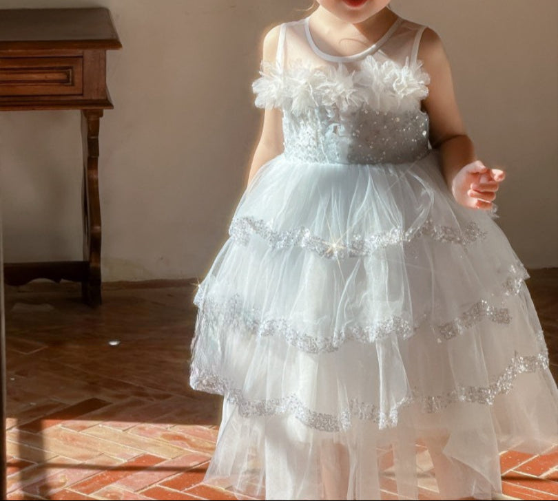 Vestido Infantil De Festa Prata                                                                                                                                              com Florzinhas