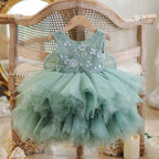 Vestido Infantil Verde Flores e Tule