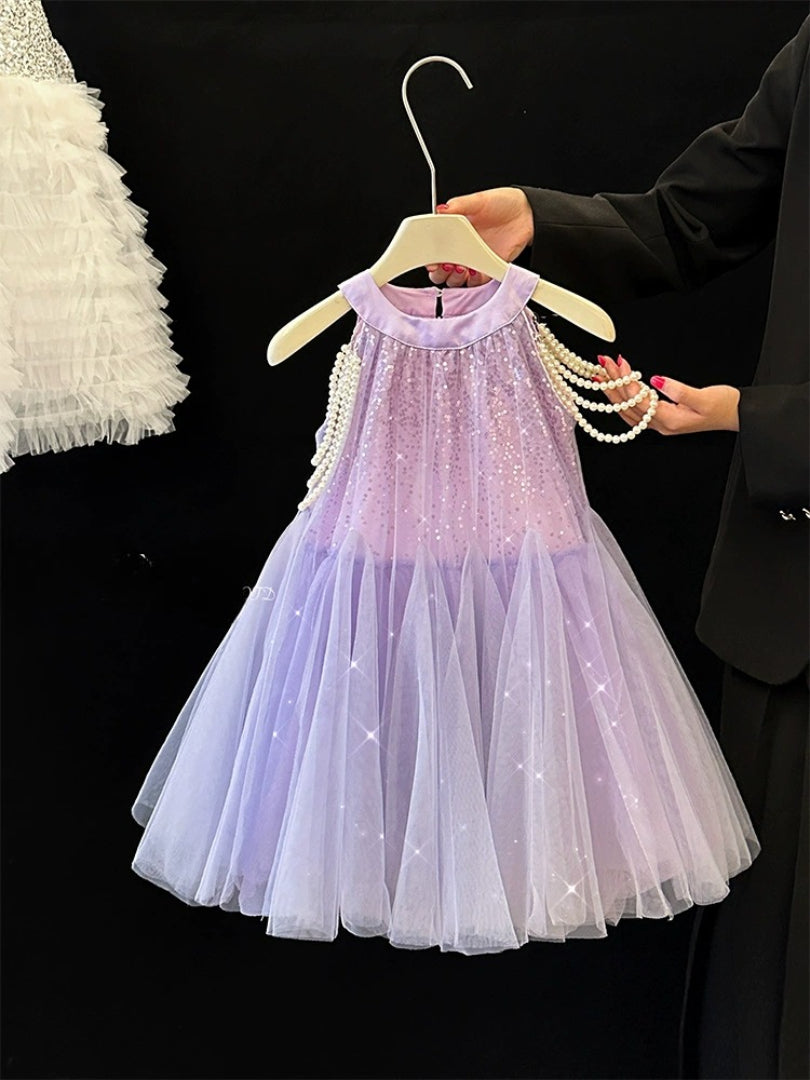 Vestido Infantil Roxo Tule Brilhante