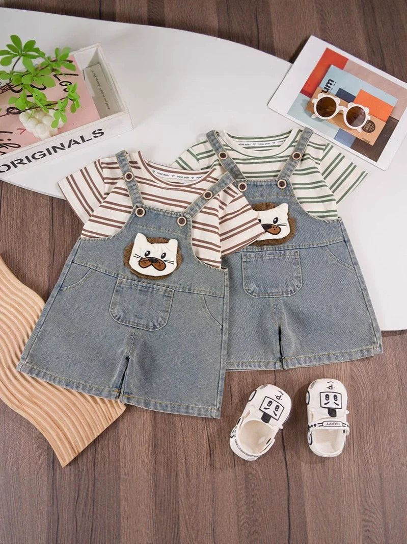 Conjunto Infantil Lístras e Jardineira Ursinho