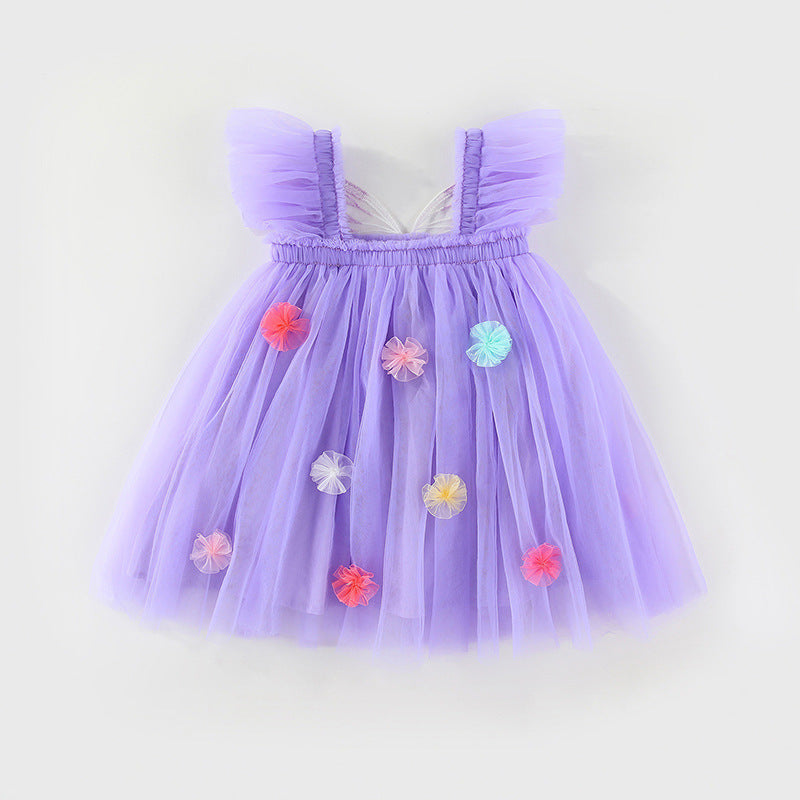 Vestido Infantil de Tule com Asas e Flores
