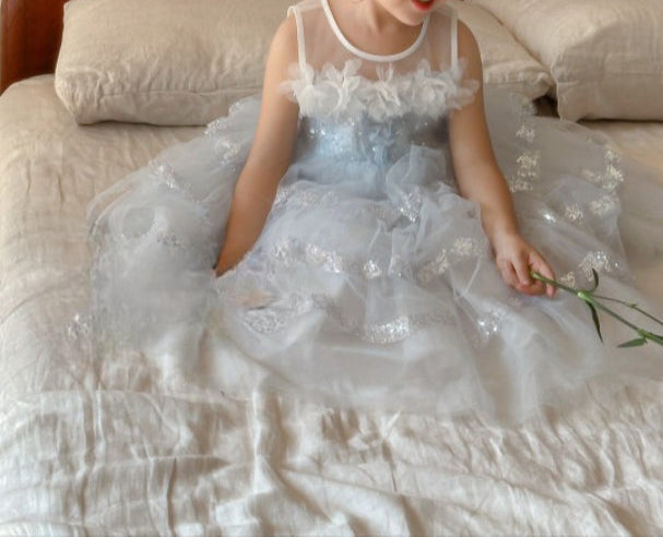 Vestido Infantil De Festa Prata                                                                                                                                              com Florzinhas