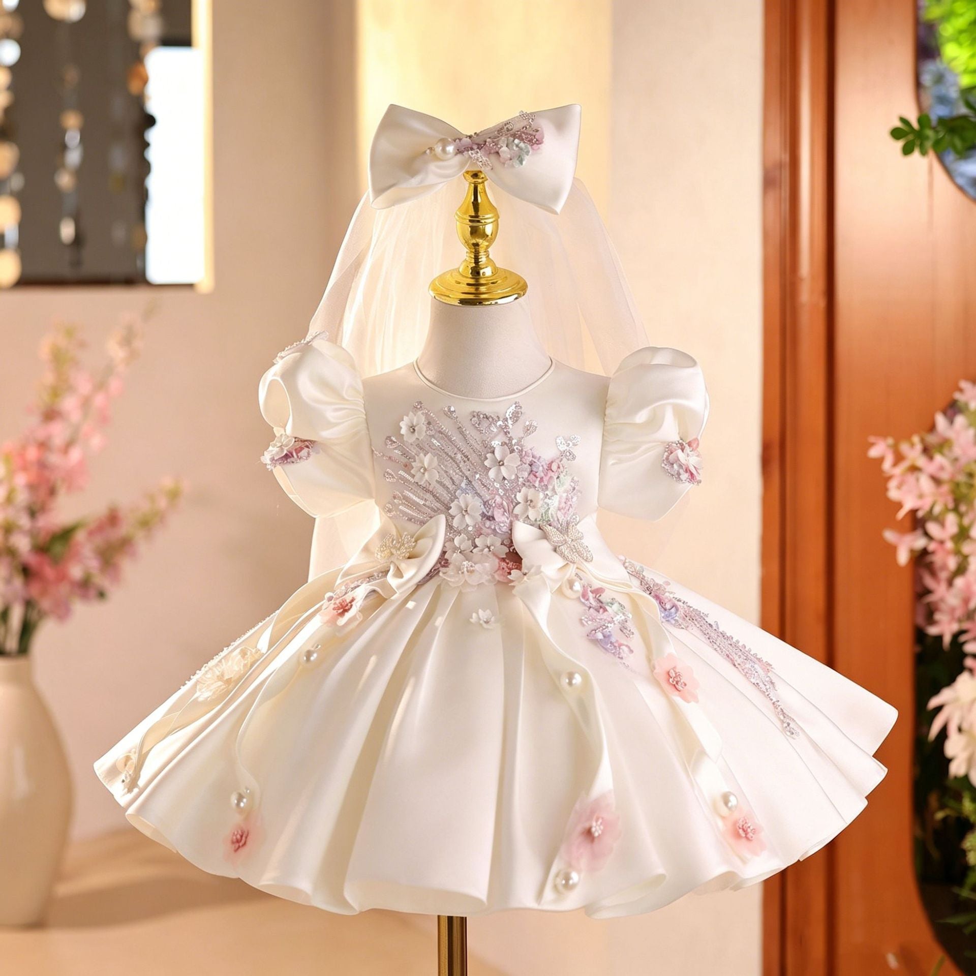 Vestido Infantil Branco Flores Brilhantes