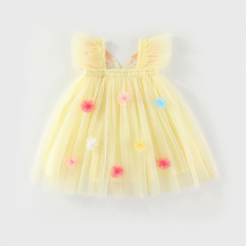 Vestido Infantil de Tule com Asas e Flores