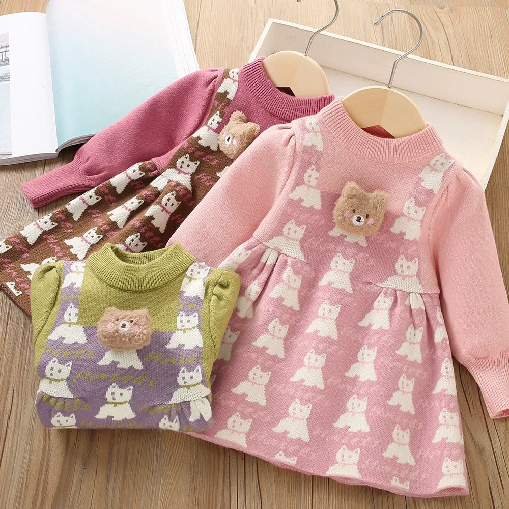 Vestido Infantil Tricô Ursinho Gatinho