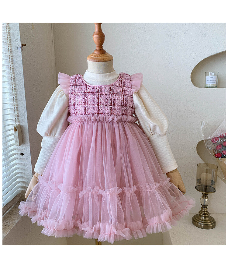 Vestido Infantil Tweed Tule + Manga Longa
