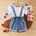 Jardineira Jeans Cerejinha + Blusinha