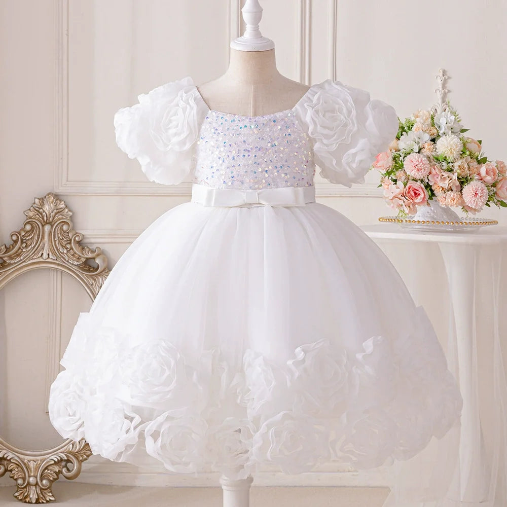 Vestido Infantil de Festa Flores e Lantejoulas