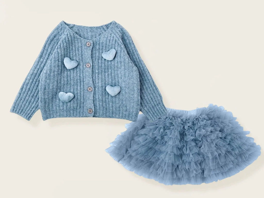 Conjunto Infantil Cardigan Corações + Saia Tule