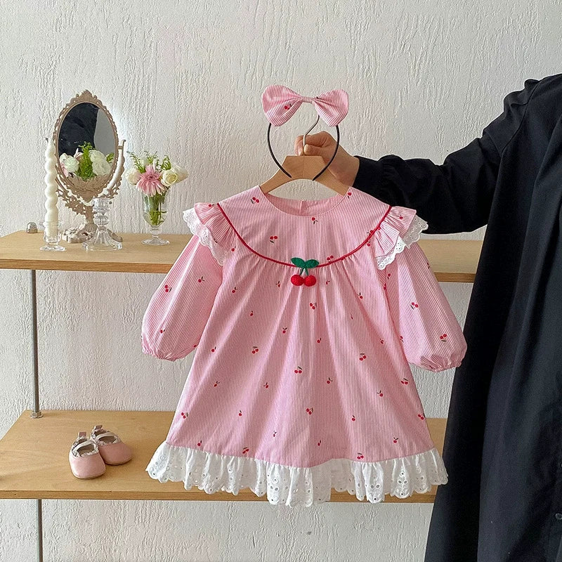 Body/ Vestido Infantil Rosa Cerejinhas