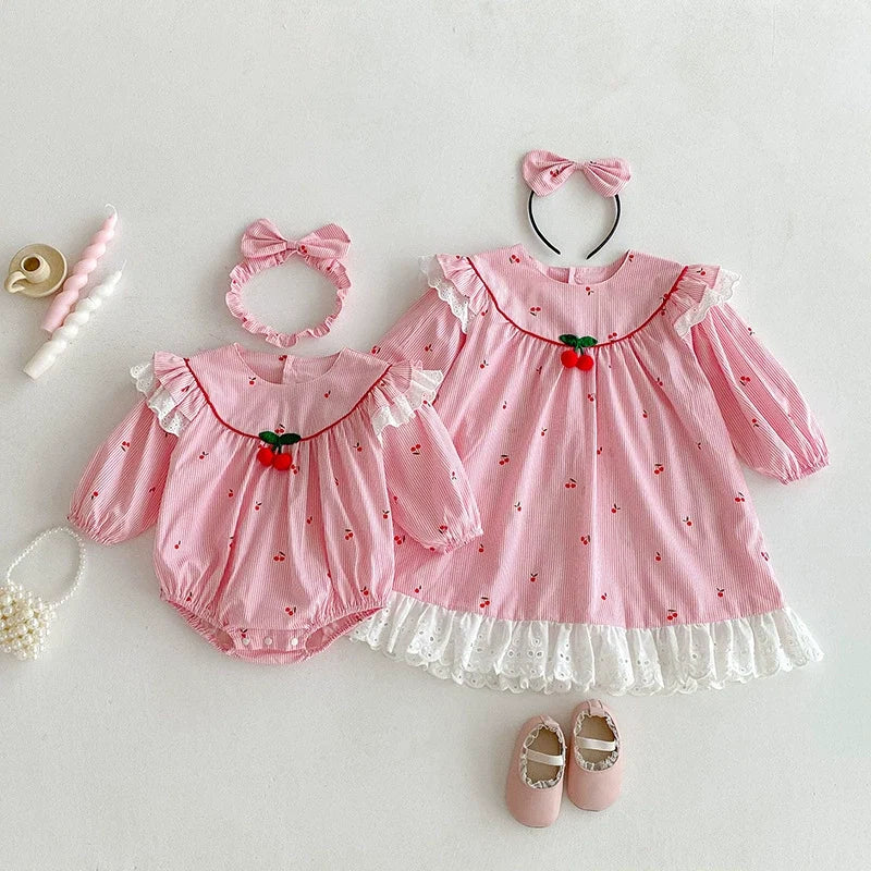 Body/ Vestido Infantil Rosa Cerejinhas