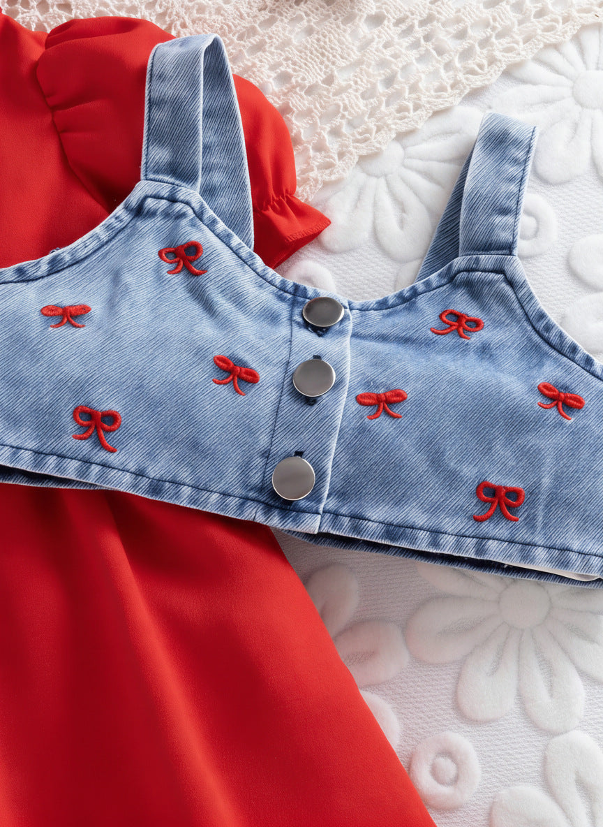 Vestido Infantil Jeans + Colete Jeans