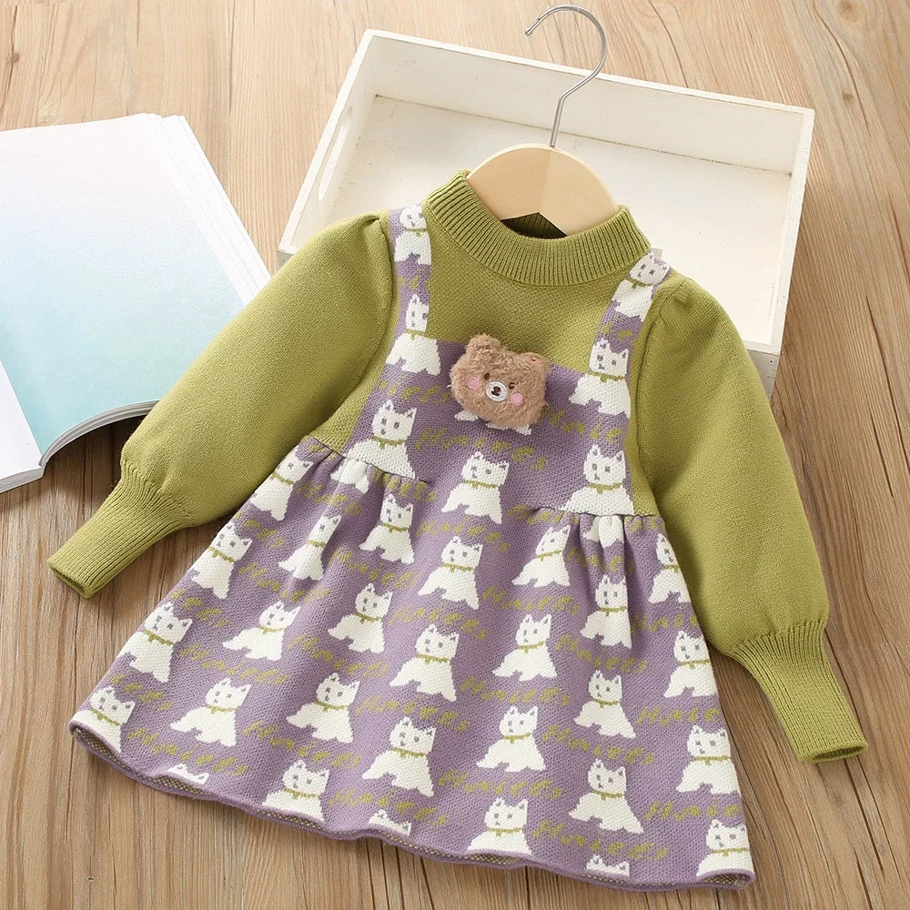 Vestido Infantil Tricô Ursinho Gatinho
