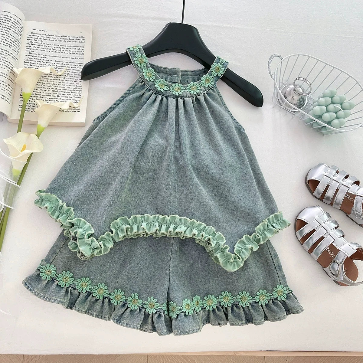 Conjunto Infantil Feminino Jeans Florzinhas