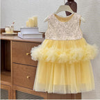 Vestido Infantil Amarelo Lantejoulas e Tule