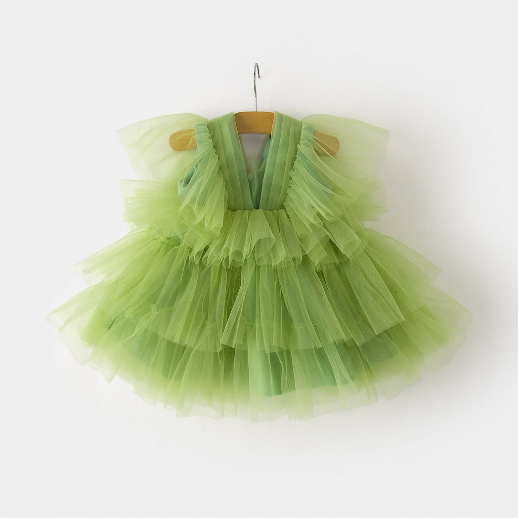 Vestido Infantil Verde Camadas de Tule