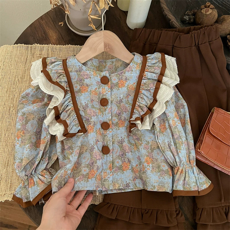 Camisa Infantil Feminina Floral Botões
