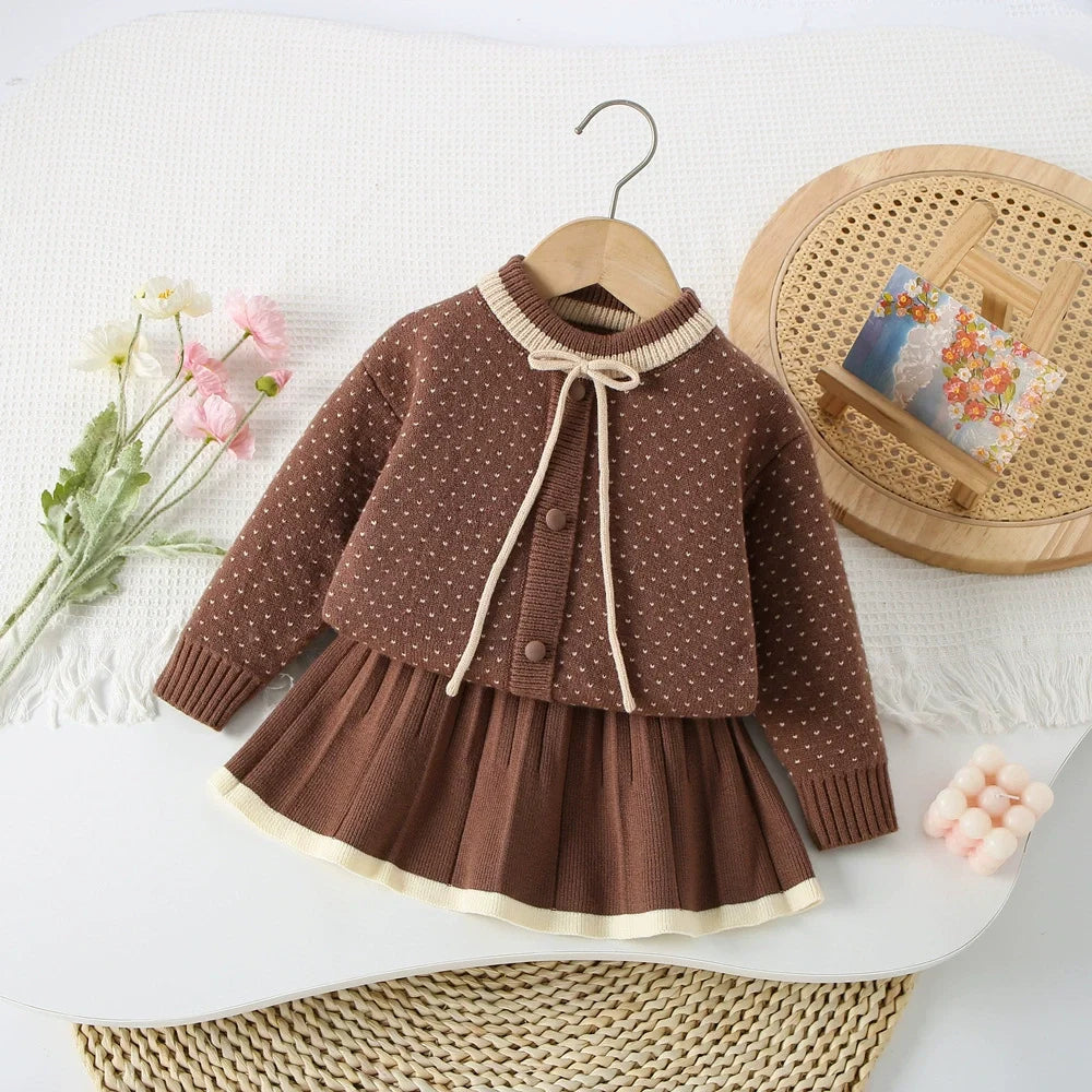 Conjunto Infantil Feminino Tricô Poá Lacinho