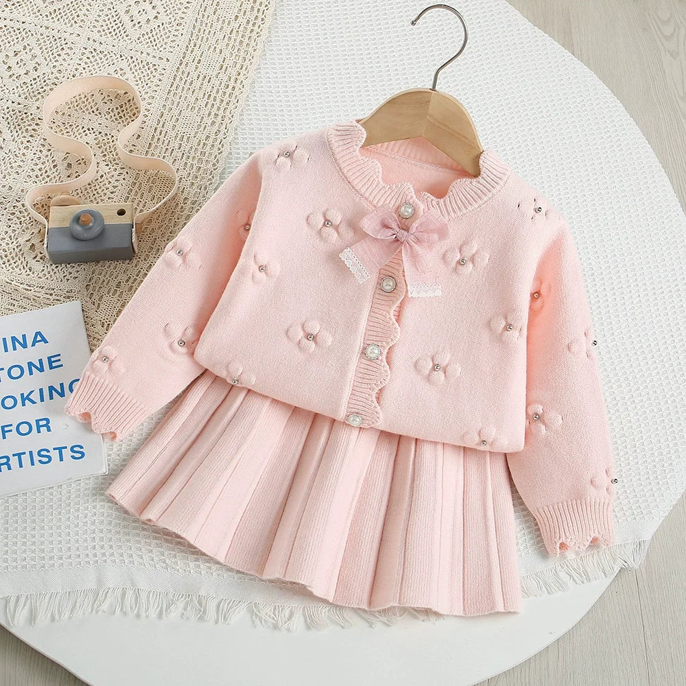 Conjunto Infantil Tricô Florzinhas e Laço