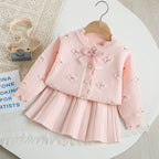 Conjunto Infantil Tricô Florzinhas e Laço