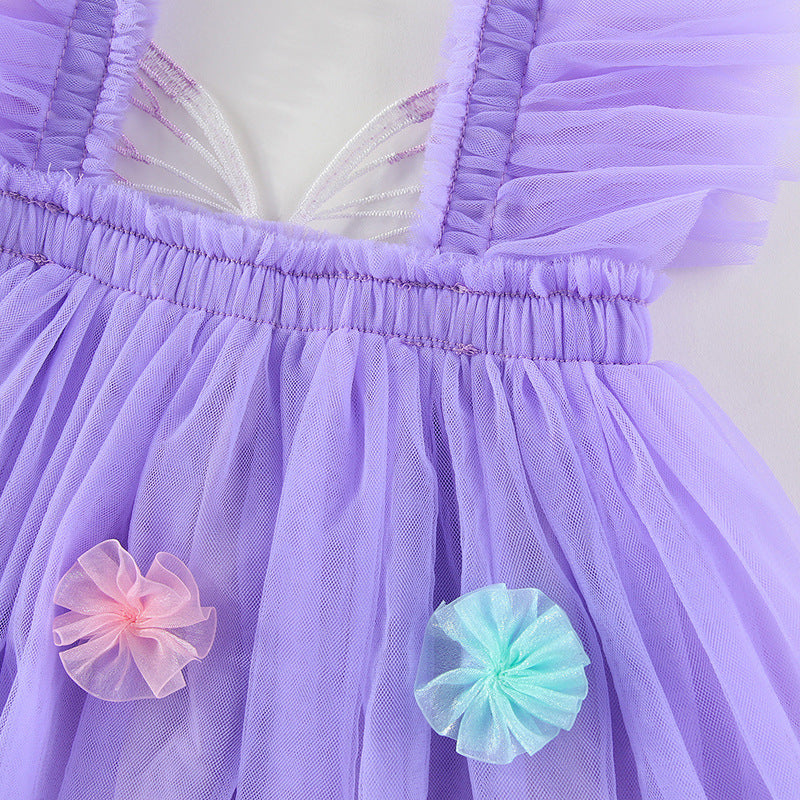 Vestido Infantil de Tule com Asas e Flores