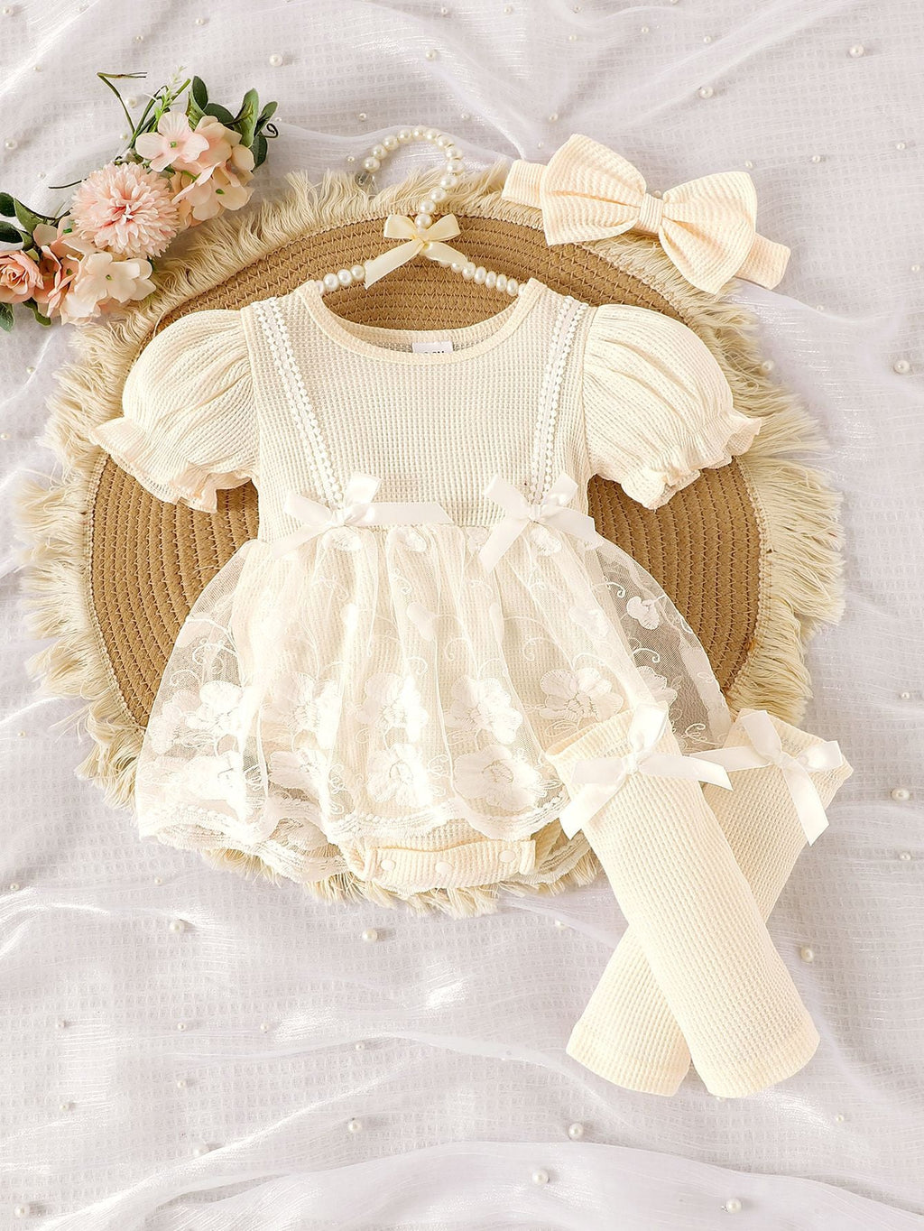Body Infantil Feminino Floral Lacinho + Meinha