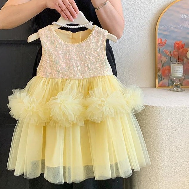 Vestido Infantil Amarelo Lantejoulas e Tule