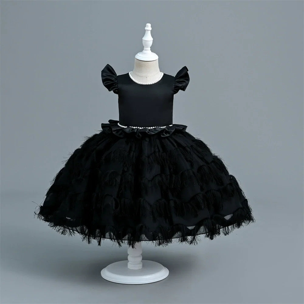 Vestido Infantil De Festa Tule Camadas e Plumas