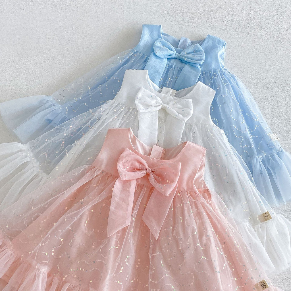 Vestido Infantil Tule Brilhante Lacinho