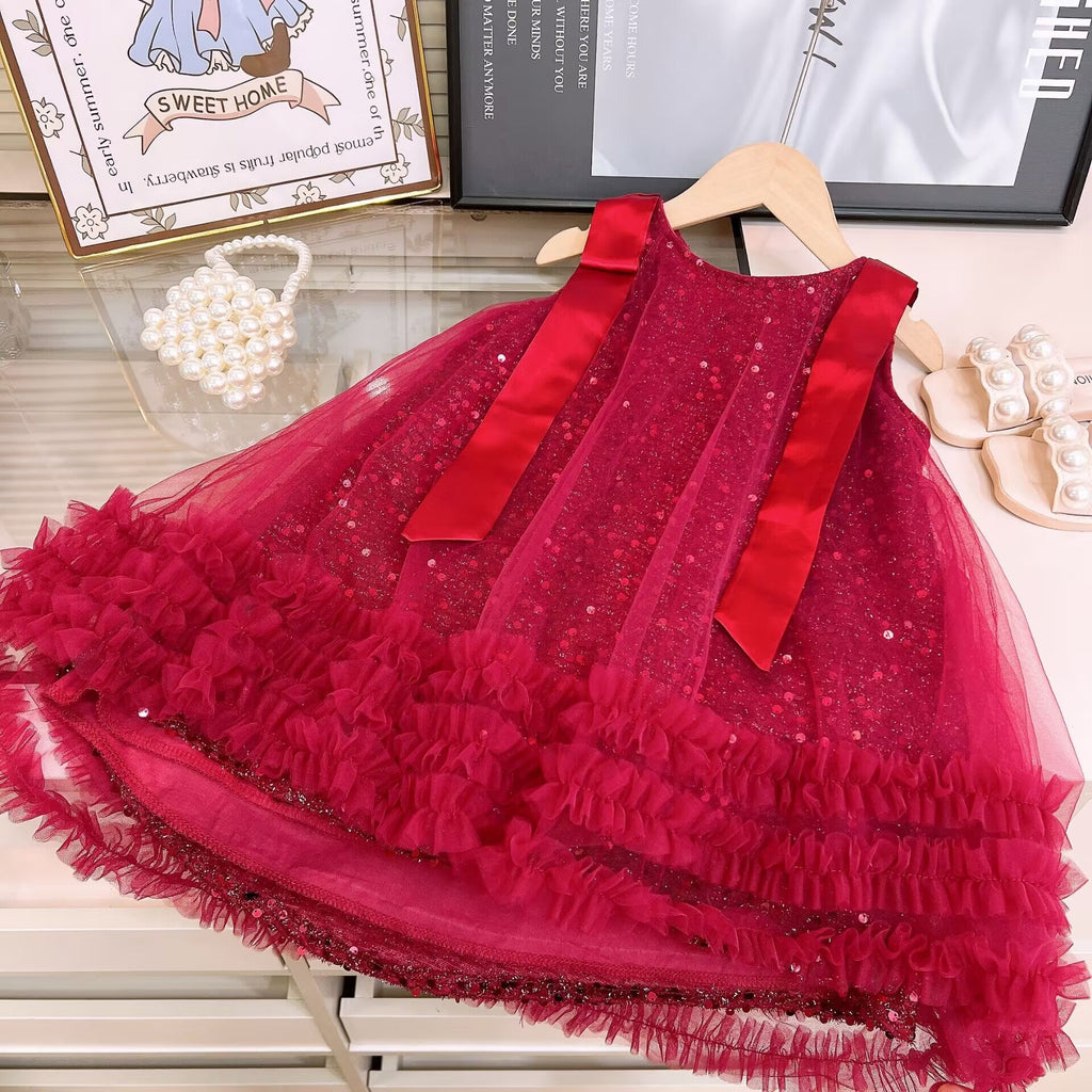 Vestido Infantil De Tule Brilhante Lacinho