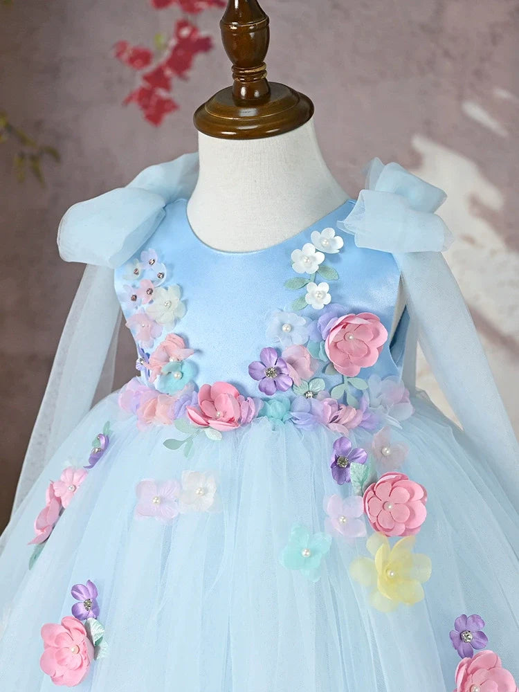 Vestido Infantil de Festa Azul Flores