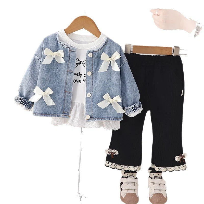 Conjunto Infantil 3 Peças Jeans Lacinhos