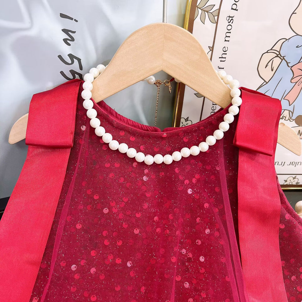 Vestido Infantil De Tule Brilhante Lacinho