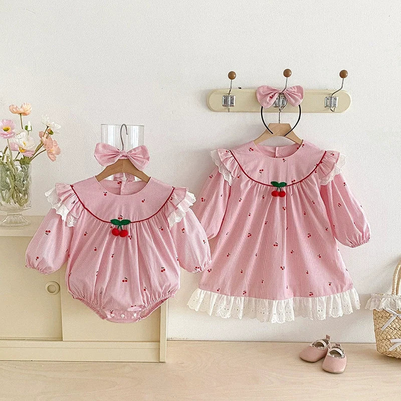 Body/ Vestido Infantil Rosa Cerejinhas