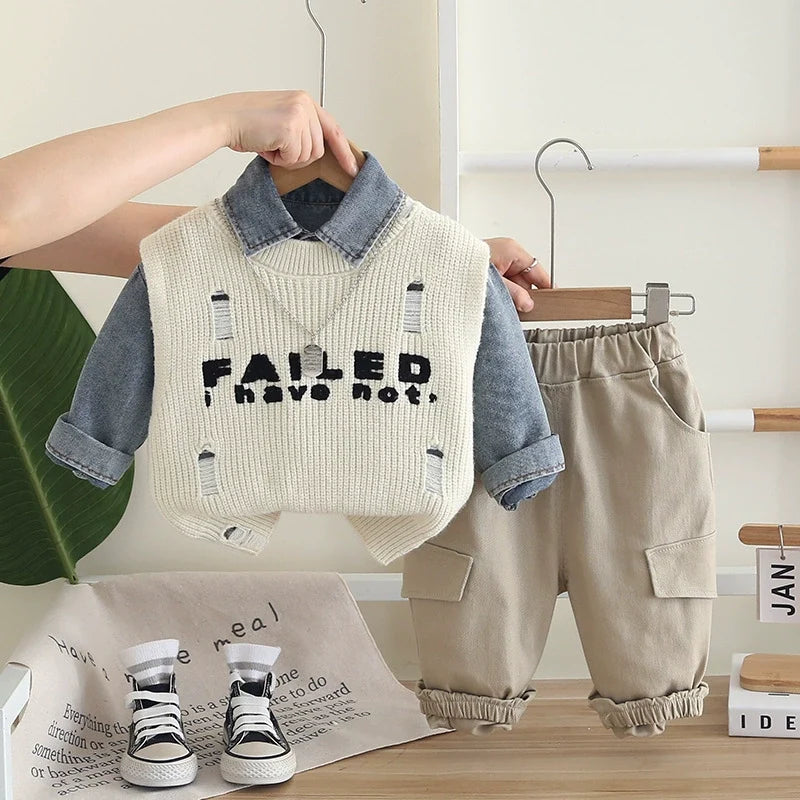 Conjunto Infantil 3 Peças Colete e Jeans