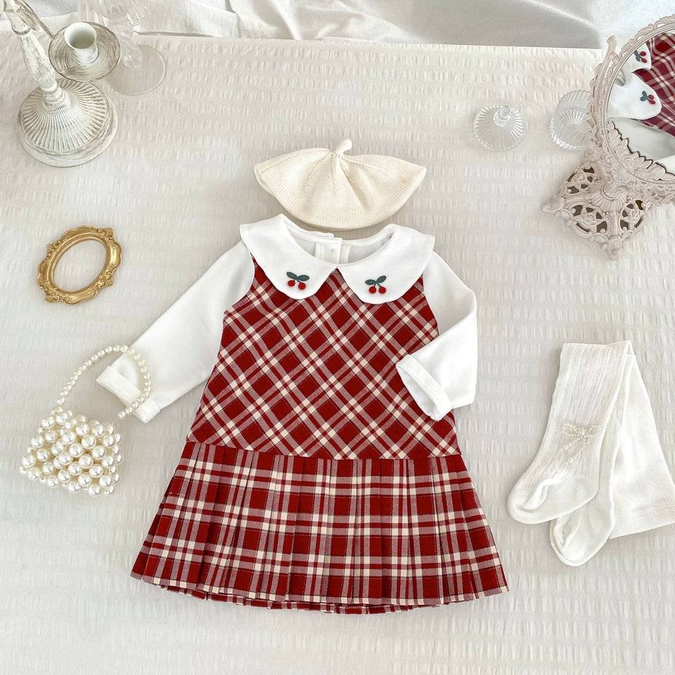 Conjunto Infantil Vestido Xadrez e Cerejinhas