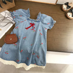 Vestido Infantil Jeans Bordado Cerejinha