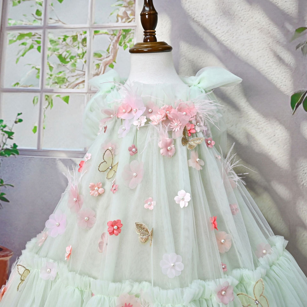 Vestido Infantil Tule Flores e Asinha